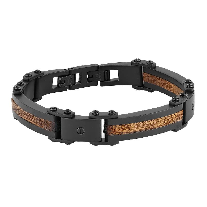 trendy gold bracelet with minimalist design-Turismo Black Ion Plated Stainless Steel and Wood Inlay Bracelet