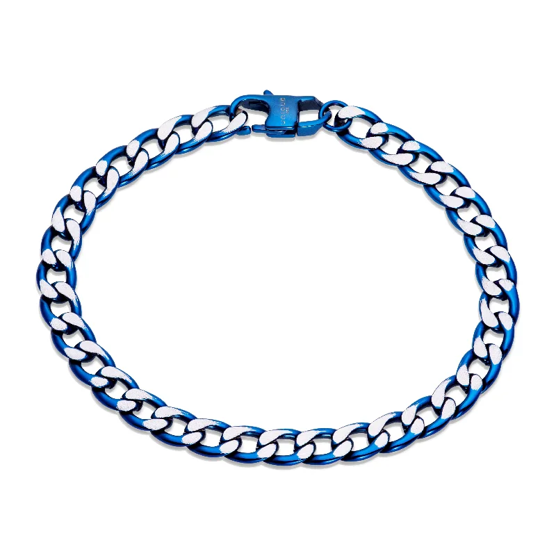 stackable silver bracelet for casual wear-Unique & Co Blue IP Plated Matte Steel Chain Bracelet