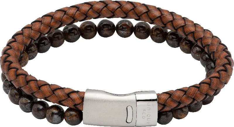 silver bracelet with chakra stones for healing-Unique & Co Two-Row Dark Brown & Tiger's Eye Leather Bracelet