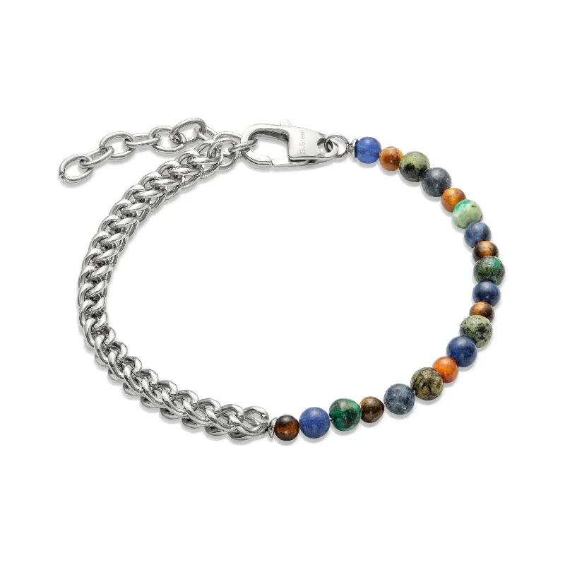 custom silver bracelet with engraved family names-Unique & Co Asymmetric Lapis, Tiger's Eye Bead Chain Bracelet