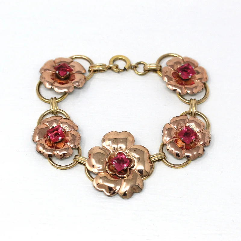 luxury silver bracelet with multiple gemstones-Vintage Flower Bracelet - Retro Rose & Yellow Gold Filled Pink Glass Floral Panel Statement - 1940s Era Fashion Accessory 40s Jewelry