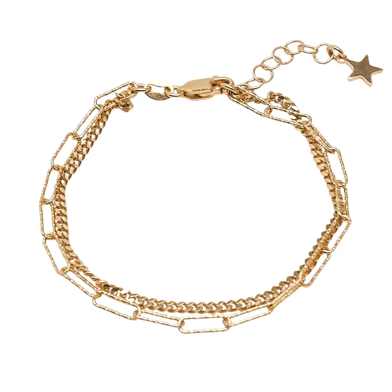 silver bracelet with star-shaped pendant for luck-Women's Italian 925 Silver Gold Plated Charm Bracelet With Adjustable Length