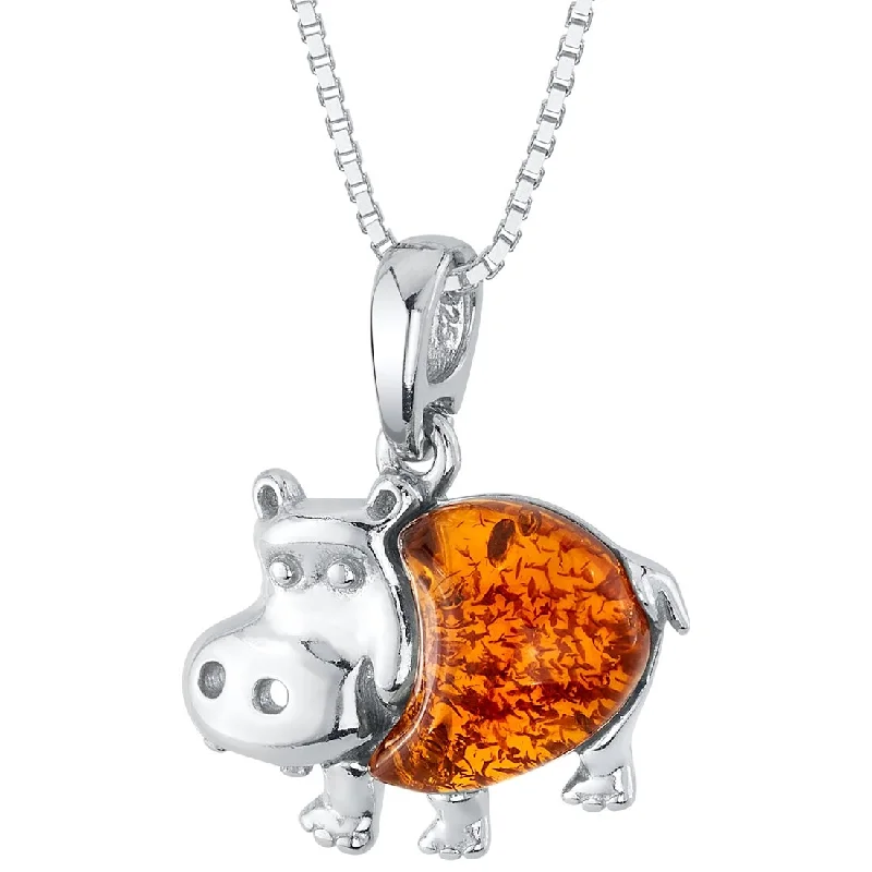 personalized birthstone necklace pendant -Amber Hippo Animal Pendant in Sterling Silver