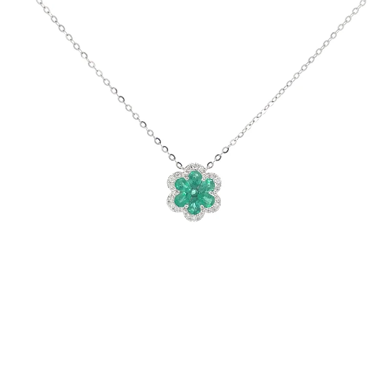 women’s pendant necklace gold -Diamond Emerald Flower Pendant Necklace