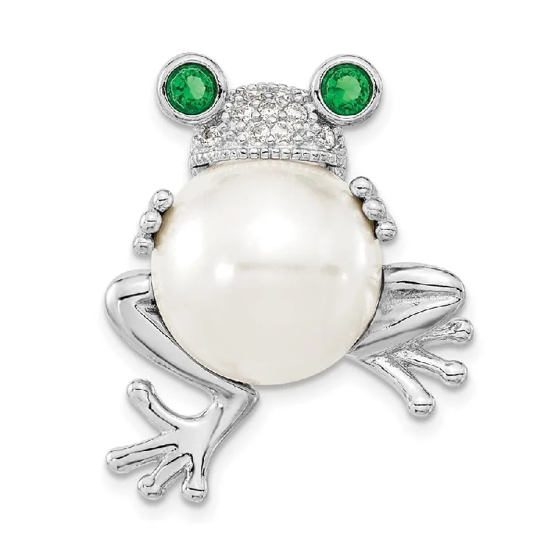 custom infinity pendant necklace silver -Diamond2Deal 925 Sterling Silver Cheryl M Rhodium-plated Cubic Zirconia and FWC Pearl Frog Pin Pendant (L-27mm, W-24mm)