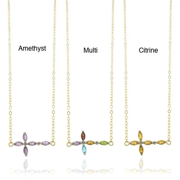 adjustable pendant necklace silver -Dolce Giavonna 18k Gold-plated Sterling Silver Diamond and Gemstone Sideways Cross Necklace