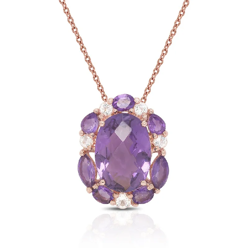 boho pendant necklace with gemstone -Dolce Giavonna Rose Gold Over Sterling Silver Amethyst and Cubic Zirconia Necklace