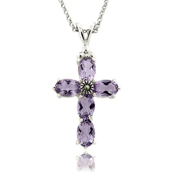 personalized circle pendant necklace -Dolce Giavonna Silver Overlay Amethyst and Marcasite Cross Necklace