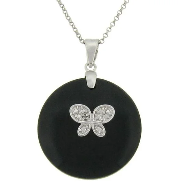 personalized pendant necklace for girlfriend -Dolce Giavonna Sterling Silver Black Onyx and Diamond Accent Butterfly Necklace