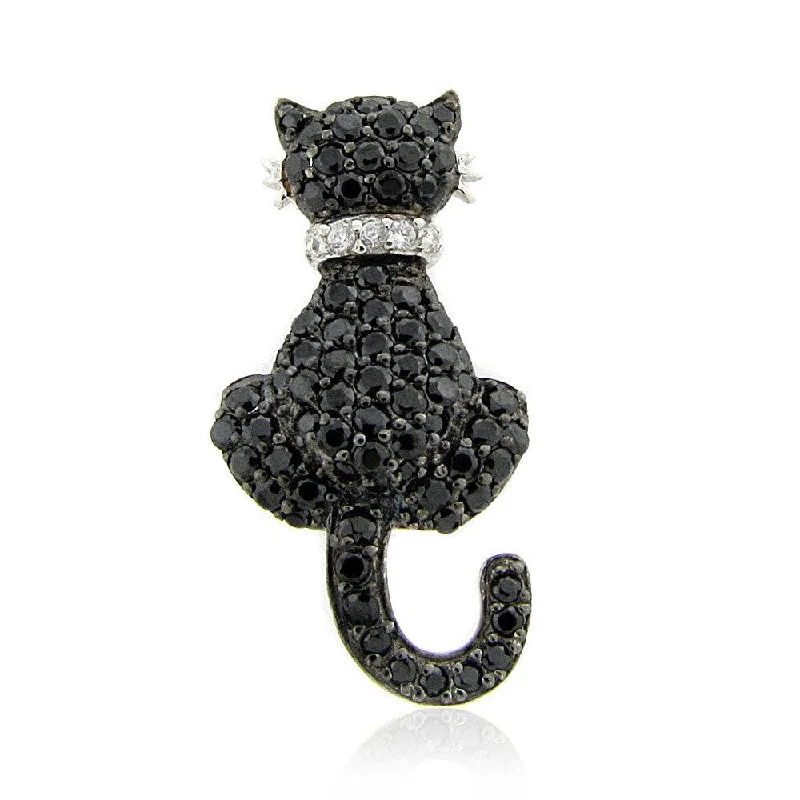 engraved silver pendant for necklace -Dolce Giavonna Sterling Silver Cubic Zirconia Cat Brooch