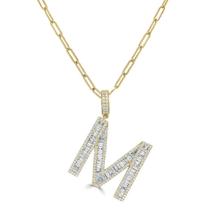 dainty heart pendant necklace silver -Joelle Diamond Baguette Large Initial Paperclip Link Necklace 14K Yellow Gold - M