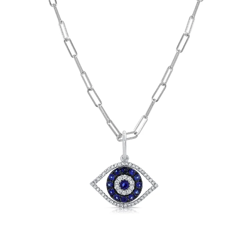 adjustable pendant necklace for women -Joelle Evil Eye Sapphire & Diamond Necklace 14K White Gold on 16-inch Paperclip Chain