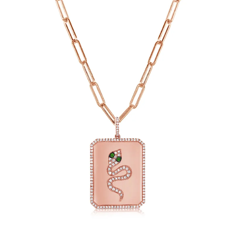 personalized gemstone charm pendant -Joelle Snake Necklace Diamond & Tsavorite 14K Rose Gold on 18-inch Papaerclip Chain