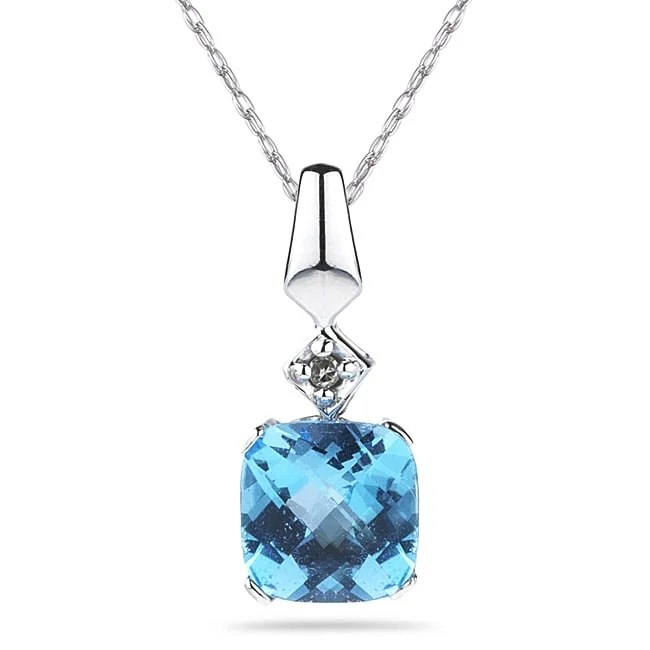 personalized pendant necklace with nameplate -Marquee 10k White Gold Blue Topaz and Cushion-cut Diamond Necklace