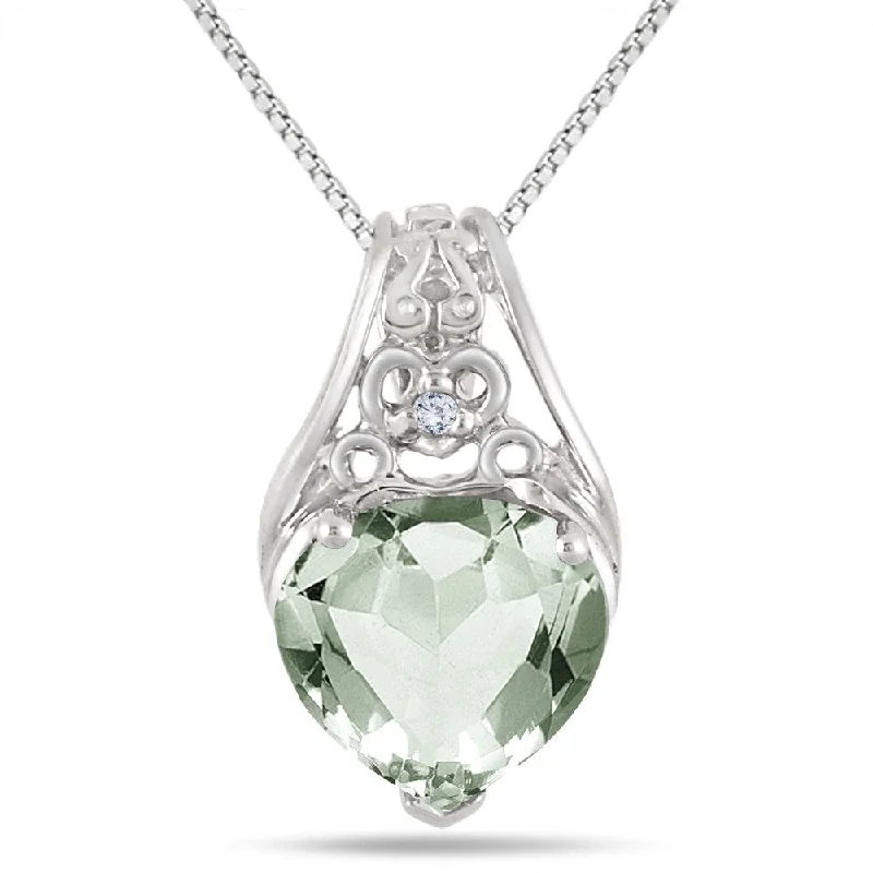 layered pendant necklace gold -Marquee Sterling Silver 3ct Green Amethyst and Diamond Accent Engraved Heart Pendant