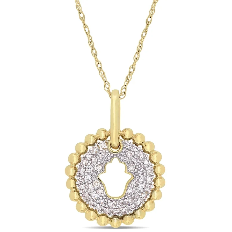 silver and crystal pendant for necklace -Miadora 10k Yellow Gold 1/5ct TDW Diamond Cluster Hamsa Center Floral Halo Necklace