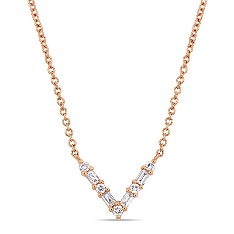 silver crystal pendant for necklace -Miadora 14k Rose Gold 1/6ct TDW Parallel Baguette and Round-Cut Diamond V-Shape Bar Necklace