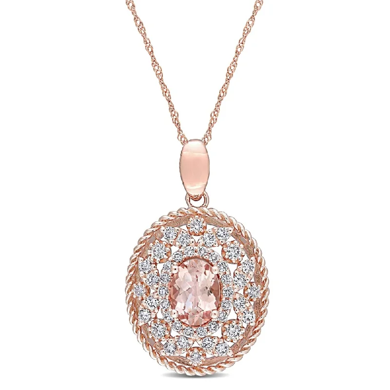 trendy gold pendant necklace for women -Miadora 14k Rose Gold Morganite and 3/4ct TDW Diamond Oval Multi-Layer Halo Drop Necklace