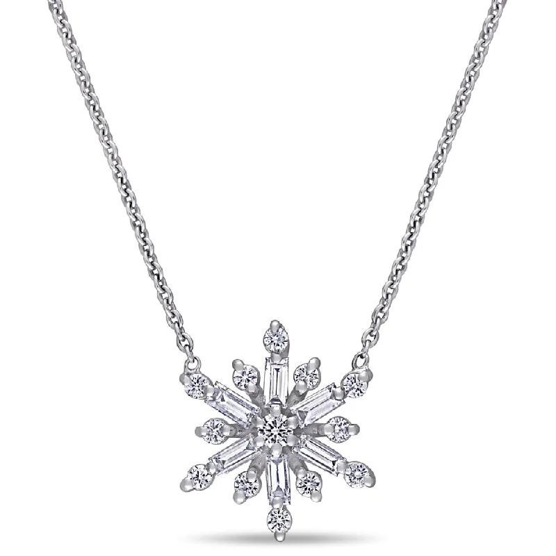 gemstone and gold pendant necklace -Miadora 14k White Gold 1/2ct TDW Baguette and Round-Cut Diamond Snowflake Necklace