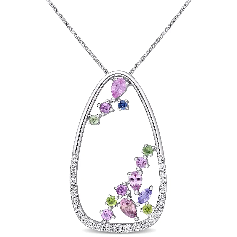 personalized family birthstone pendant -Miadora 18k White Gold Multi-color Sapphire & 1/3ct TDW Diamond Open Trilliant Cluster Necklace