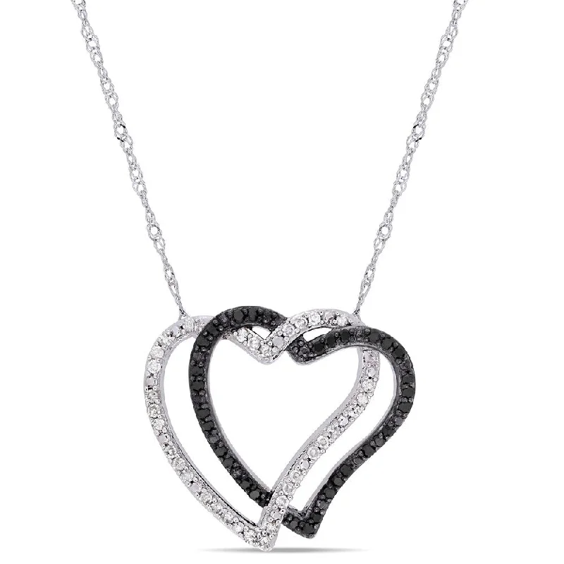 long silver pendant necklace with charm -Miadora 2-Tone White and Black Rhodium Plated 10k White Gold 1/4ct TDW Black and White Diamond Interlaced Heart Necklace