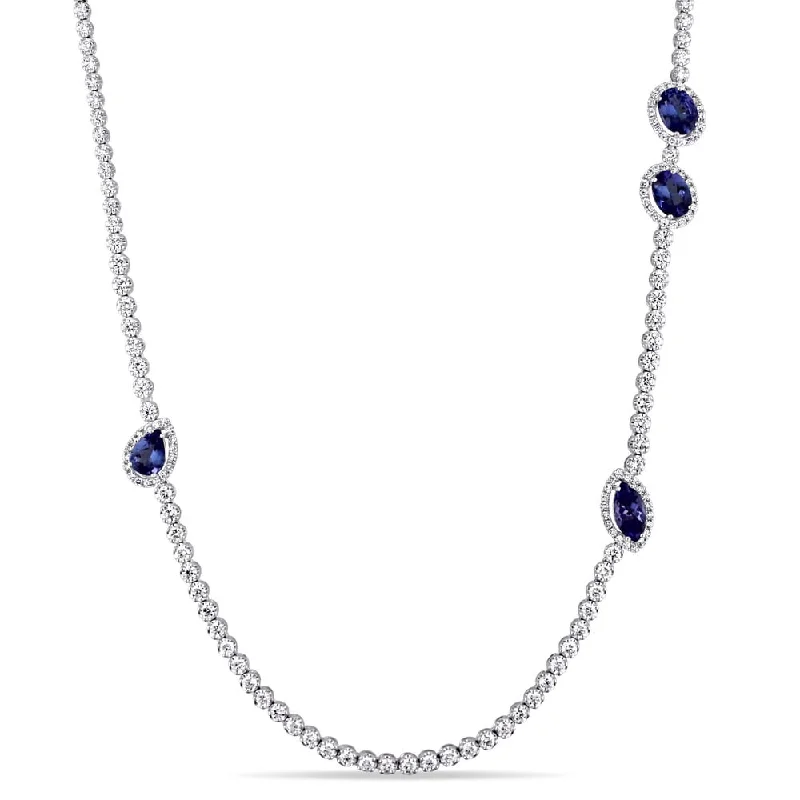 unique bar pendant necklace gold -Miadora Signature Collection 18k White Gold 8 1/10ct TDW Diamond and Sapphire Station Strand Necklace (G-H, SI1-SI2) - Blue