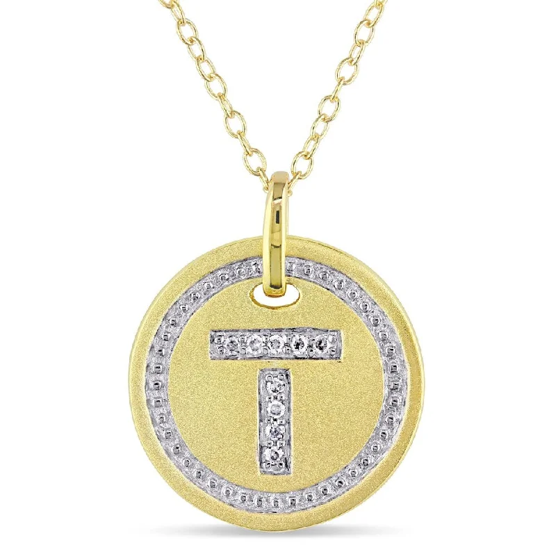 silver pendant necklace for brides -Miadora Yellow Plated Sterling Silver Diamond T-Initial Halo Charm Necklace