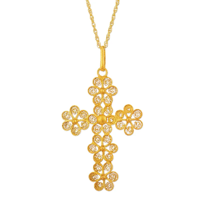 gold and pearl pendant necklace -Novica Handmade Cross Of Flowers Gold Plated Cross Necklace