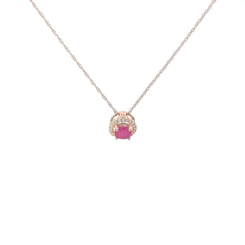 women’s custom bar pendant necklace -Rose Gold Ruby Diamond Halo Pendant Necklace