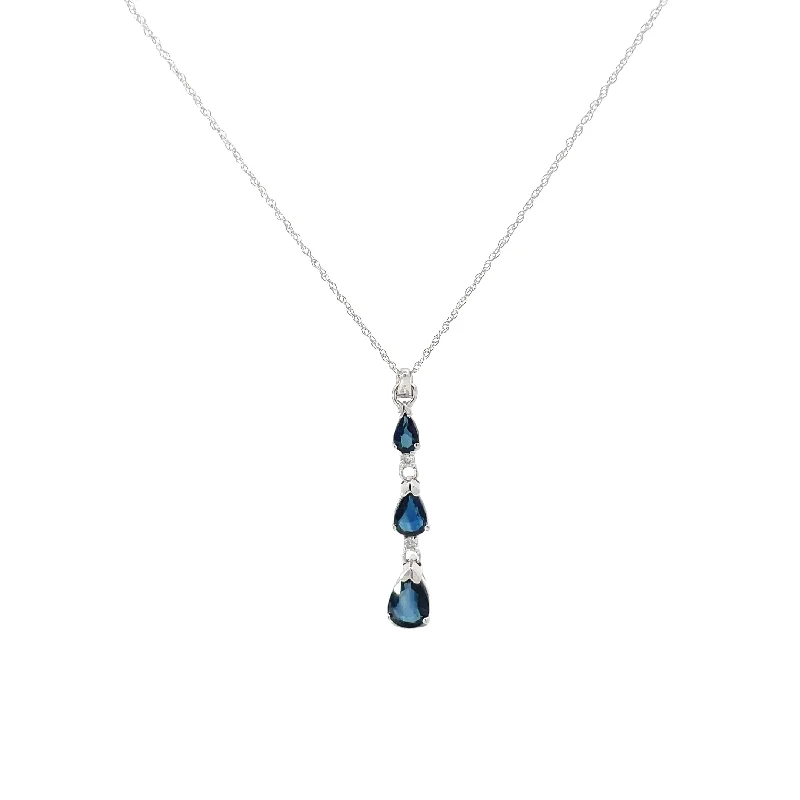 crystal pendant necklace for men -White Gold Diamond Sapphire Drop Pendant Necklace