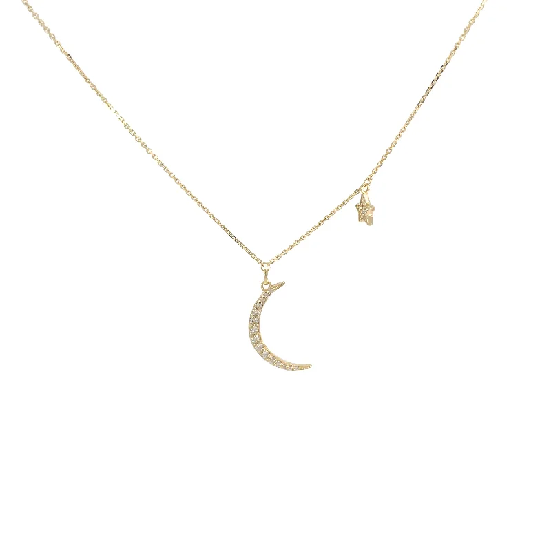 gold bar pendant necklace with name -Yellow Gold Diamond Crescent Moon/Star Necklace