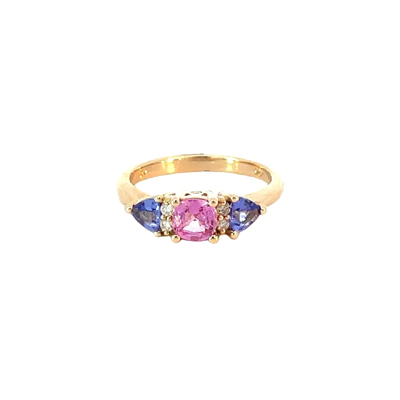 adjustable pendant necklace for women -women’s platinum rings with emeralds and sapphires-Yellow Gold Pink Sapphire Tanzanite Ring