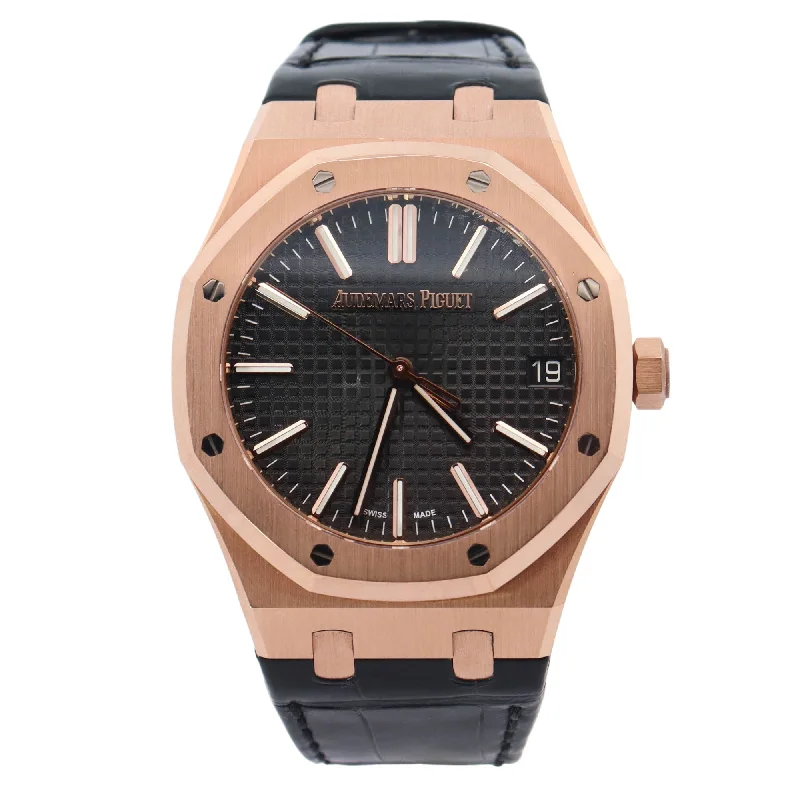 watches for men with chronograph functions and interchangeable bands -Audemars Piguet Royal Oak 50th Anniversary Rose Gold 41mm Black Stick Dial Watch Reference# 15510OR.OO.D002CR.01