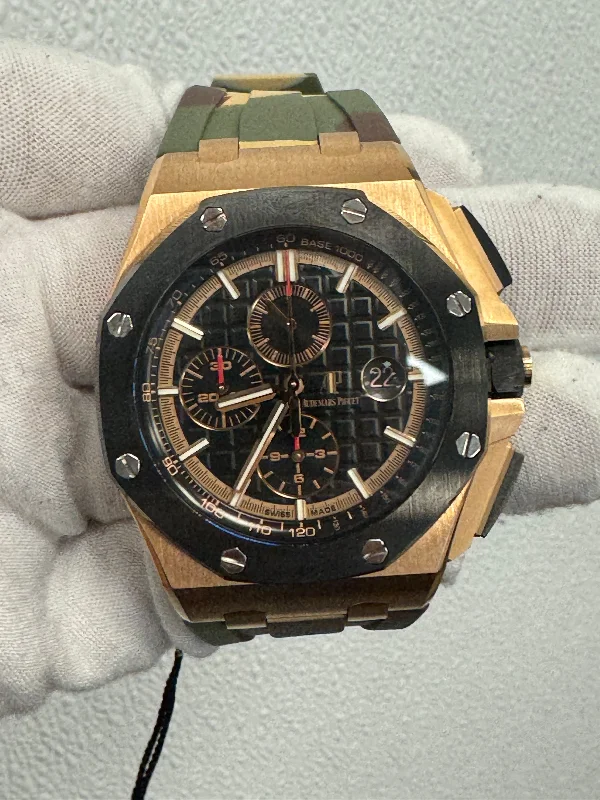 digital watches with customizable displays for women -Audemars Piguet Royal Oak Offshore Rose Gold 44mm Black Chronograph Stick Dial Watch Reference #: 26401RO.OO.A002CA.02