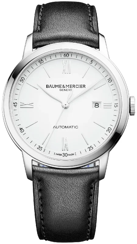 smartwatches for men with advanced GPS and sports modes -Baume & Mercier Classima Automatic White Dial Black Leather Strap Date Mens Watch MOA10332