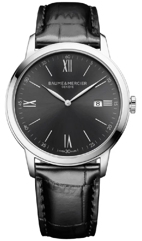 rugged digital watches for men with fitness, GPS, and health tracking -Baume & Mercier Classima Gray Dial Black Leather Strap Date Quartz Mens Watch MOA10416