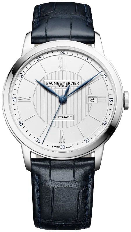 men's watches with multi-functionality and digital displays -Baume & Mercier Classima Automatic Silver-Tone Dial Blue Leather Strap Date Mens Watch MOA10333