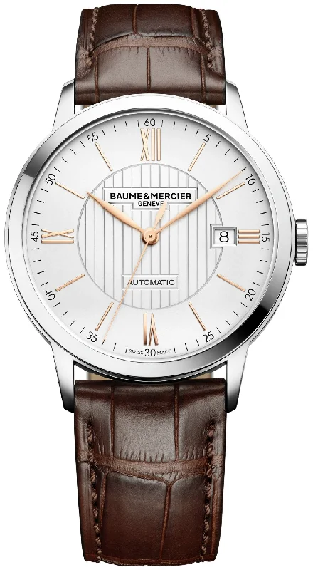 best men’s watches with durable metal bands and digital displays -Baume & Mercier Classima Automatic Silver-Tone Dial Brown Leather Strap Date Mens Watch MOA10263