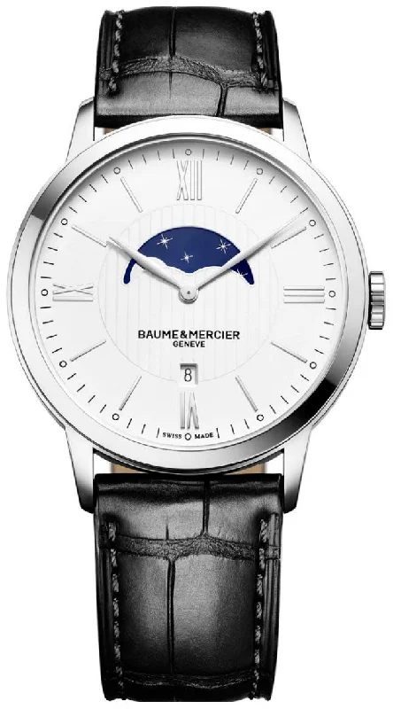 sport watches for men with multi-sport modes and customizable settings -Baume & Mercier Classima White Dial Black Leather Strap Moonphase Date Quartz Mens Watch MOA10219