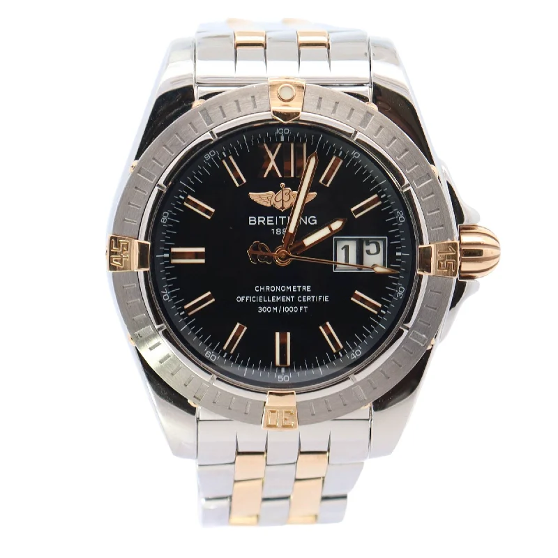 watches for women with oversized dials and sophisticated designs -Breitling Windrider Two Tone Stainless Steel Yellow Gold Black Stick Dial Watch Reference #: B49350