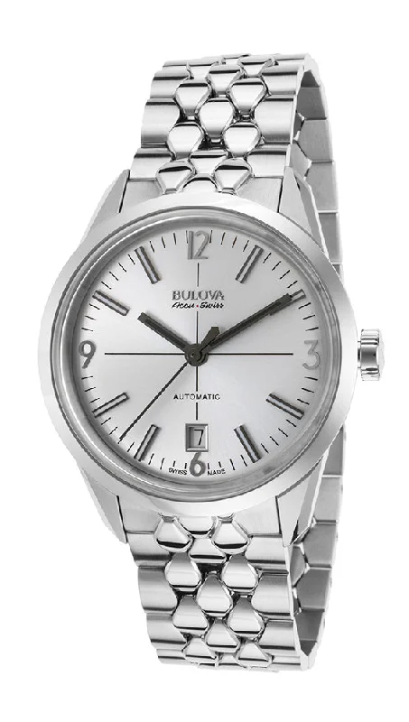 luxury men’s watches with leather and metal hybrid bands -Bulova Accu-Swiss Murren Automatic Stainless Steel Mens Watch Silver Dial Date 63B177