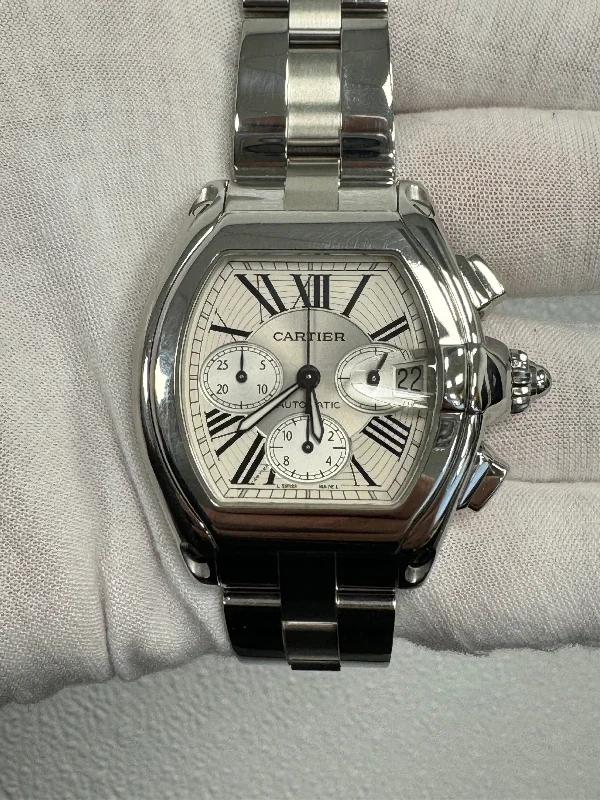 durable sport watches for men with built-in compass -Cartier Roadster Chronograph Stainless Steel 38mm X 43mm Silver Chronograph Roman Dial Watch  Reference #: W62019X6