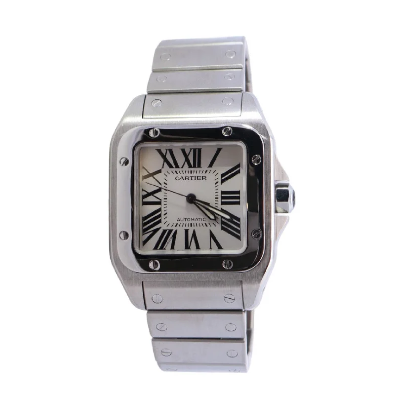 affordable watches for men with modern digital displays -Cartier Santos 100 Stainless Steel 38mm White Roman Dial Watch  Reference #: W200737G