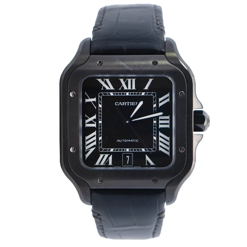 high-end sport watches for men with GPS, heart rate, and step counting -Cartier Santos Black Stainless Steel 38x47mm Black Roman Dial Watch Reference# WSSA0039