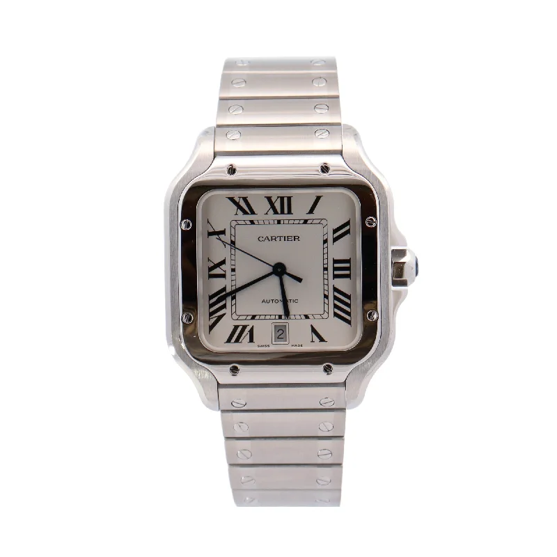 watches for women with bold colors and unique band designs -Cartier Santos Stainless Steel 40mm White Roman Dial Watch Reference# WSSA0018