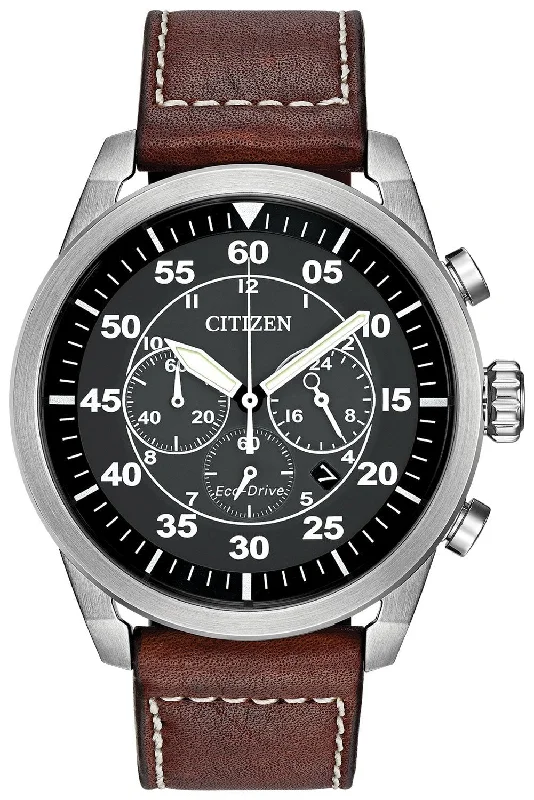 women’s watches with interchangeable bands and elegant details -Citizen Avion Chronograph Brown Leather Strap Black Dial Quartz Eco-Drive Date Mens Watch CA4210-24E