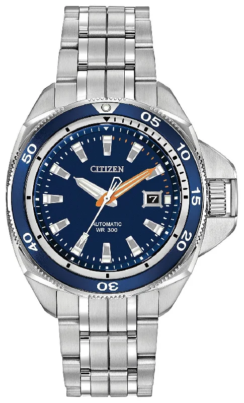 men’s watches with minimalist designs and modern technology -Citizen Signature Grand Touring Automatic Stainless Steel Blue Dial Divers Date Mens Watch NB1031-53L