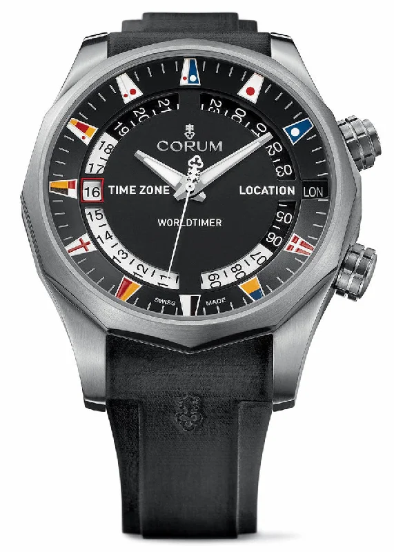 women's watches with sleek faces and comfortable silicone bands -Corum Admiral Legend 47 Worldtimer Automatic Titanium Black Rubber Mens Strap Watch 637.101.04/F371 AN02