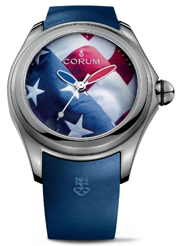 watches for women with bold colors and unique band designs -Corum Big Bubble 52 Flag Titanium Automatic American Flag Dial Blue Rubber Strap Mens Watch 403.101.04/0373 US01