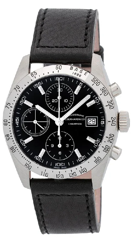 men's watches with large faces and bold, sporty designs -Eberhard & Co. Champion Chronograph Automatic Date Stainless Steel 31044.14 Mens Watch with Black Leather Band Black Dial